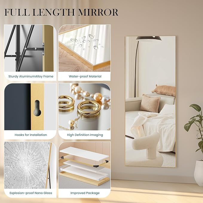 NEWBULIG 64"x21" Full Length Mirror, Full Body Floor Mirror with Aluminum Alloy Thin Frame, Wall or Standing Mirror for Bedroom, Living Room, Dressing Room, Gold-Rectangular