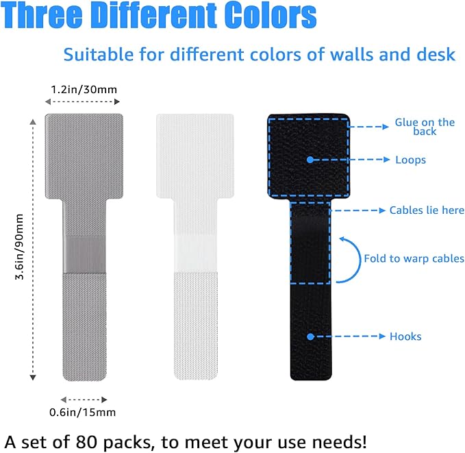 80PCS Hook and Loop Cable Ties, Under Desk Cable Management, Adhesive Cable Straps, Cord Management Hider Idea, Cord Organizer for Desk, Computer Accessories, Home Office Organization, White+Gray