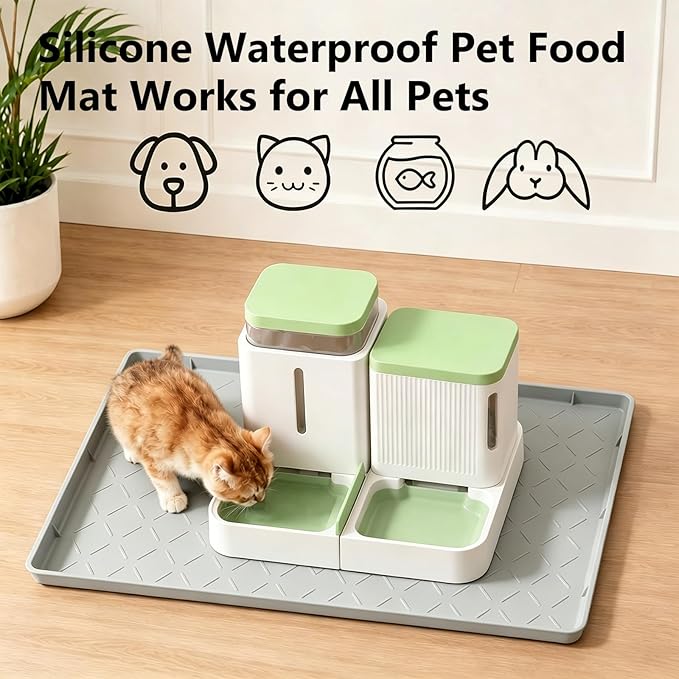 MateeyLife Silicone Mat Waterproof 12"X19", Ideal for Dog and Cat Food Mat, Dog Bowl Mats for Food and Water, Pet Placemat with Lip for Messy Drinkers to Protect Floor, Light Grey