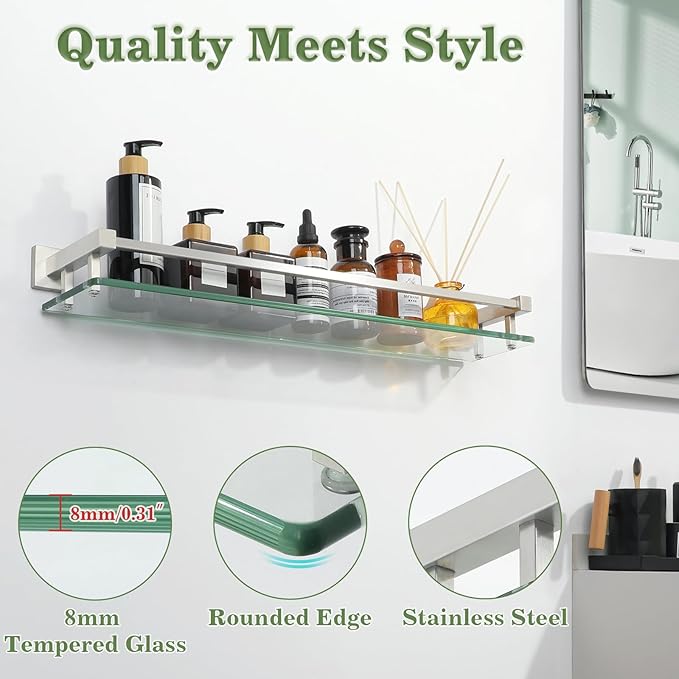 Alise Glass Bathroom Shelves Wall Mounted, 24 Inch Tempered Floating Shelves Bathroom, Stainless Steel Bathroom Glass Shelf