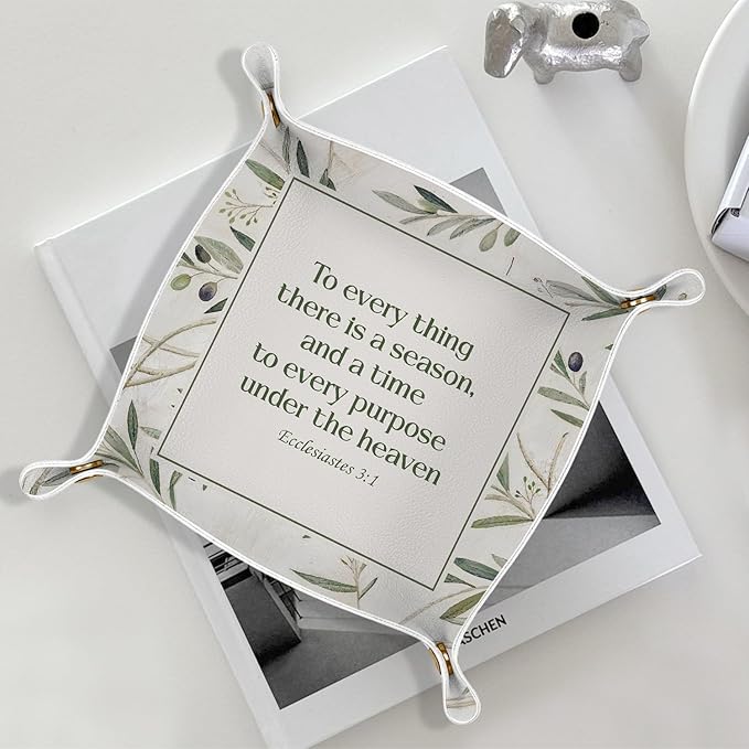 Christian Gifts Leather Jewelry Valet Tray,Religious Bible Verse Botanical PU Leather Catchall Beside Caddy Nightstand Organizer Tray for Jewelry Rings Watches Keys and Accessories,7.8x7.8inch