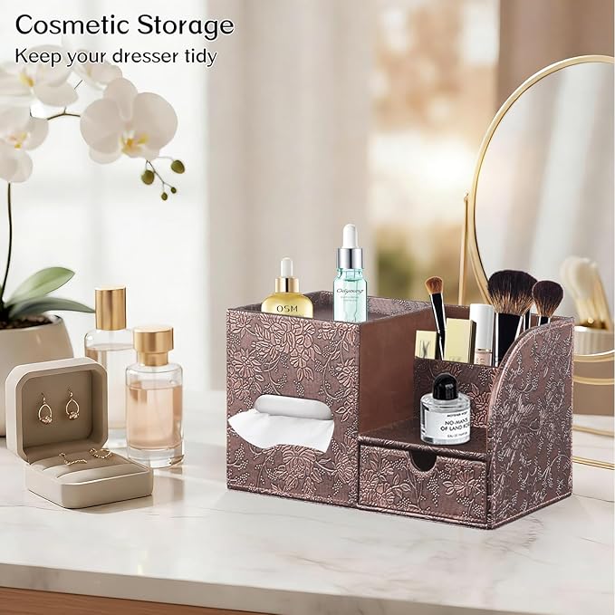 Square Tissue Box Cover with Drawer Storage and Tray on Top, PU Leather Tissues Cube Boxes Holder, Modern Nightstand Organizer Caddy, Remote Control Holder for Bathroom, Bedside, Office, Home