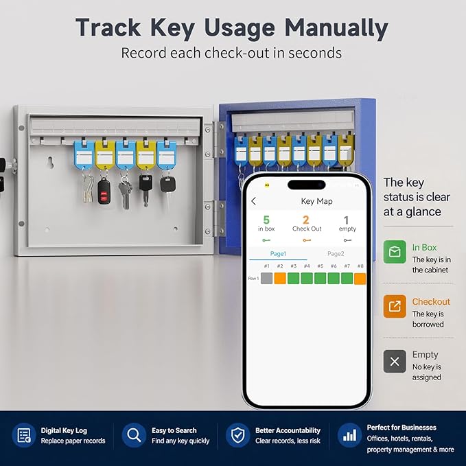 WeHere 16 Key Lock Box, Key Cabinet with Key Management App (Track Key Borrow/Return), 3-Digit Combination Lock & Backup Key, Wall Mount Key Holder Organizer Box for Home, Small Office, Rental