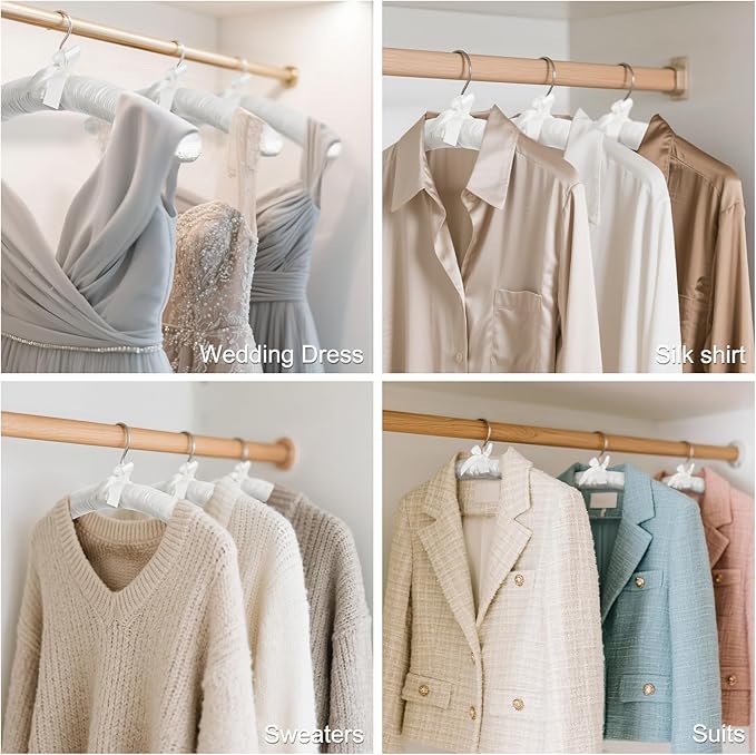 HOUSE DAY 17 Inch Satin Padded Hangers for Women, 4 Pack Heavy Duty Silk Hangers with Swivel Hooks, No Shoulder Bump Thick Foam Hangers for Sweater, Wedding Dress, Coat & Delicate Cashmere - White