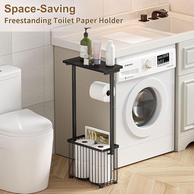 Free Standing Toilet Paper Holder with Storage Shelf – Bathroom Tissue Stand with Space for Phone, Wet Wipes and Magazines – All-in-One Toilet Roll Dispenser and Organizer Holds 4-6 Rolls