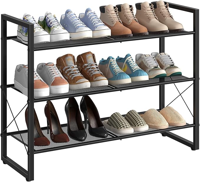 CHOEZON Shoe Rack, 3-Tier Shoe Rack for Closet, Metal Shoe Storage Organizer, Shoe Rack for Entryway, Shoe Shelf with Adjustable Feets, for Entryway, Hallway, Living Room, Bedroom, Black TXJ13BB