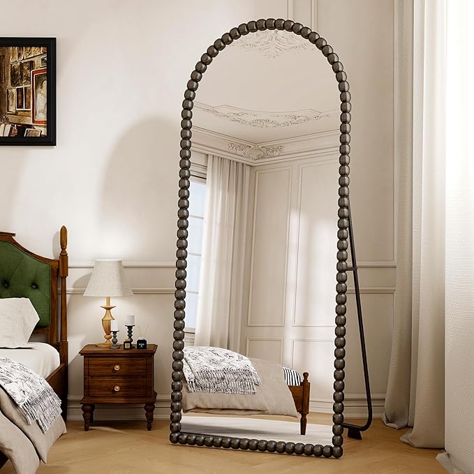 28"x71" Antique Arched Full Length Mirror, Vintage Beaded Decorative Floor Full Body Dressing Mirror as Room Decor Hanging Leaning Standing for Living Room, Bedroom, Vanity Area