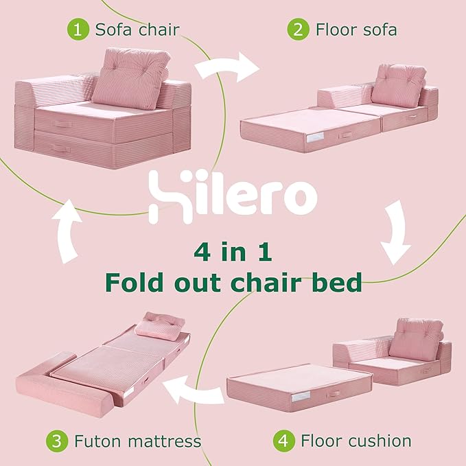 Folding Sofa Bed, 4 in 1 Convertible Sleeper Chair with Pillow, Standard Memory Foam Fold Out Chair Bed, Modern Floor Futon Sofa Couch Mattress for Living Room/Guest/Apartment, Pink