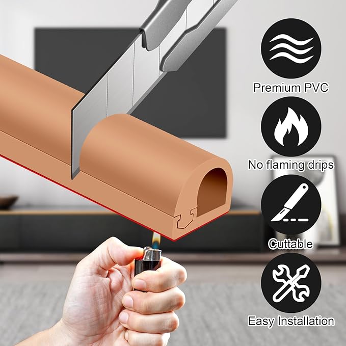 Wall Cord Hider, Flexible Self-Adhesive Wire Cover, Side-Open Cable Raceway for Cords on Wall, Cord Concealer for Mounted TV, Home Theater & Office (Light Brown, Regular-118inch)