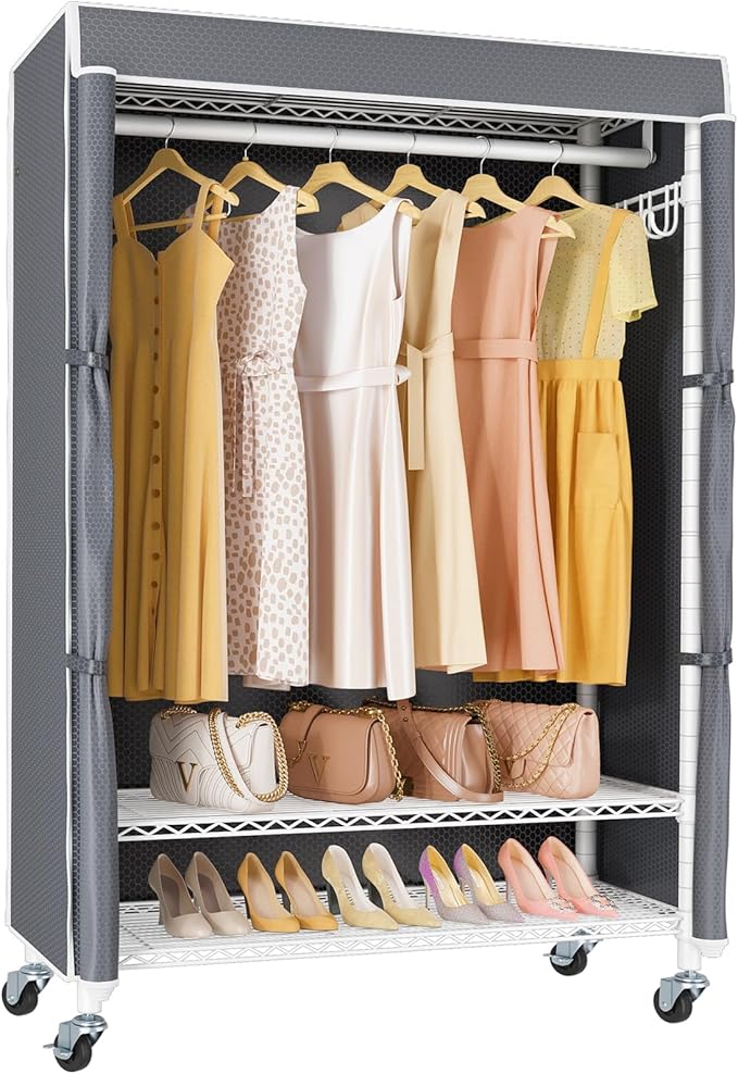 VIPEK R3C Portable Closet with Cover - Heavy Duty Freestanding Clothes Rack with Wheels & Hanging Rod & Side Hooks, 35.4" L x 15.7" W x 72.4" H, White Rack with Grey Upgraded Polyester Cover