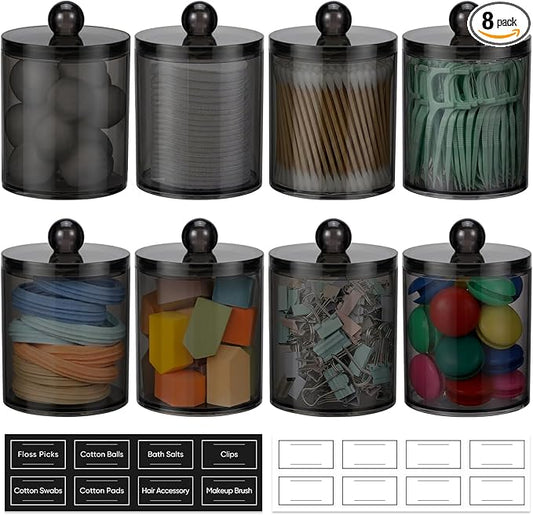 8 Pack Acrylic Qtip Holder Dispenser for Cotton Swabs, Balls, Pads, Floss Picks- Clear Plastic Canister Apothecary Jar Set, Bathroom Essentials Accessories Decor Vanity Makeup Storage Organizer -Black
