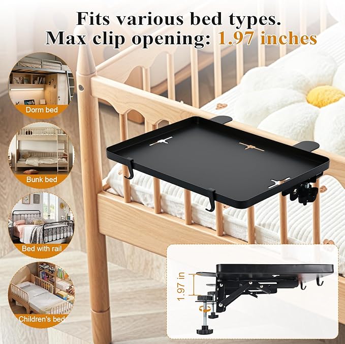 Bedside Bunk Bed Shelf for College Dorm Essentials, Bedside Caddy with Cable Catch & Bedside Organizer, Floating Nightstand for Bed Room, Office, Dorm Room, Metal Beside Tray, Bed Table, Black