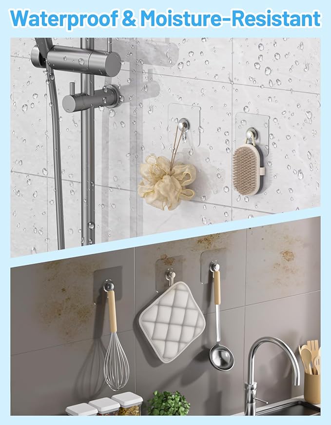 20 Pcs Adhesive Picture Hooks, 20 Ibs Load Heavy Duty Self Adhesive Wall Hooks for Hanging, Waterproof Picture Hangers Without Nails for Bathroom Kitchen, Transparent Sticky Hooks for Frames