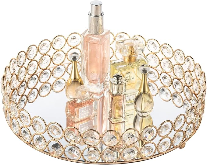 Feyarl Crystal Perfume Tray Makeup Cosmetic Vanity Organizer Jewelry Trinket Display Storage Mirrored Decorative Tray Skin Care Tray for Dresser Home Deco Birthday Gift(Round 10" inch) (Gold)