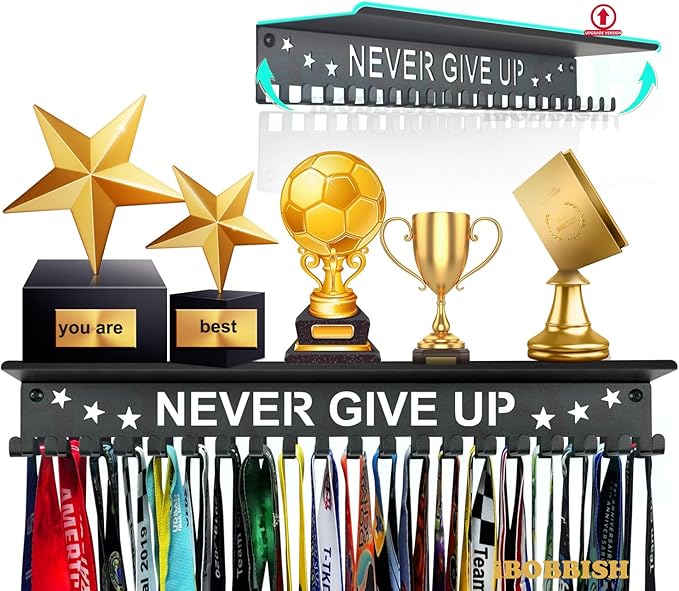 iBobbish Metal Medal Hanger Display,Non-Slip Trophy Shelf with 20 Hooks,Wall Mount,Heavy Duty,Non-Bent,Holds 22-33lbs,for Gymnastics,Race,Soccer,Swim