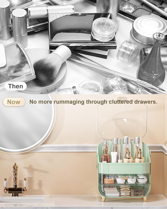 Makeup Organizer Countertop, Skincare Holder Bathroom Counter Organizer, Storage Box Cosmetic Display Cases, Teen Girl Gifts Make up Organizers (Green/Lipstick)