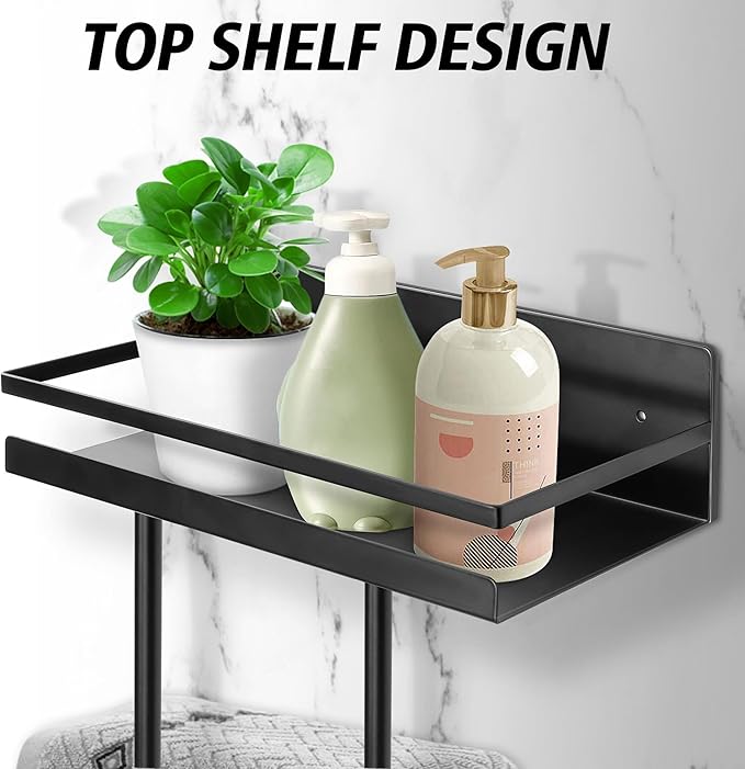Bathroom Towel Storage Rack, Wall Mounted Towel Rack with Shelf and 5 Hooks, Can Holds 3 Large Towels Stainless Steel Bathroom Towel Holder for Rolled Towels, Bath Towels.(Black)