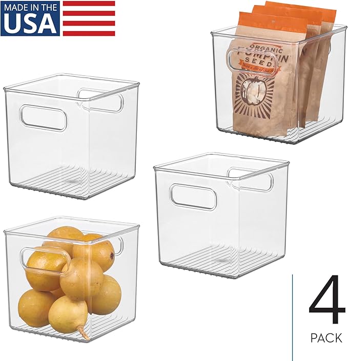 iDesign Storage Bin with Handles - Cube Organizer Bin for Pantry, Set of 4, Clear, Made in USA