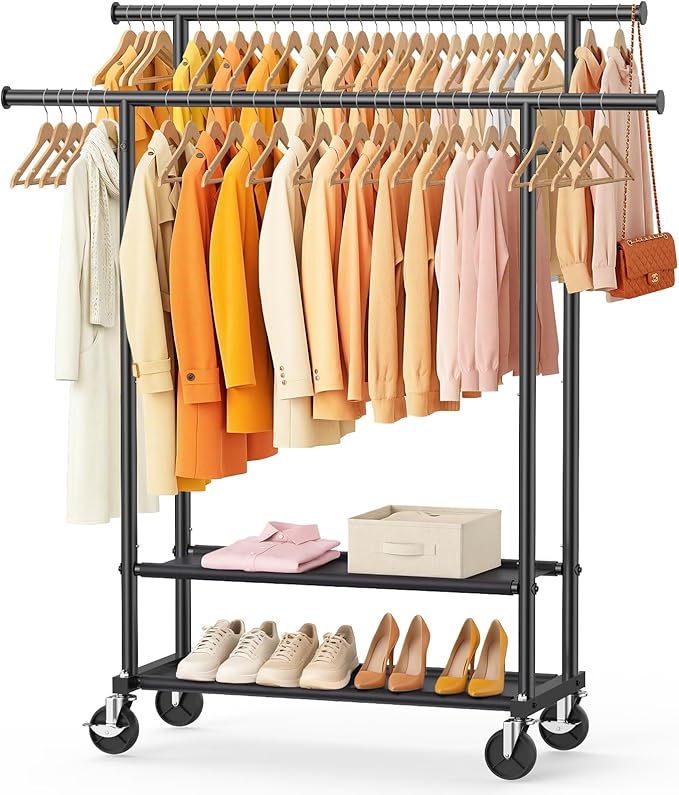 Double Rods Clothes Rack, Rolling Clothing Rack for Hanging Clothes Closet Rack with Wheels, Metal Portable Garment Rack with Double Shelves for Bedroom Laundry Living Room, Matte Black