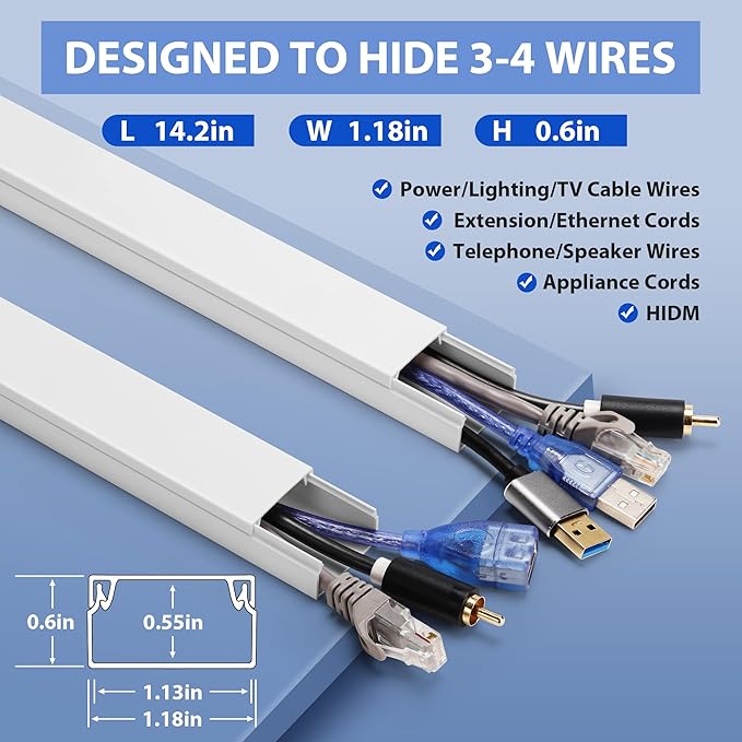 142in Wall Cable Hider Kit, YCLYC Cord Hider Wall Cord Cover for 3-4 Cords, Wire Hiders for TV on Wall, White Wall Cable Management Kit, Paintable Wall Wire Cover 10 x L14.2in W1.18in H0.6in