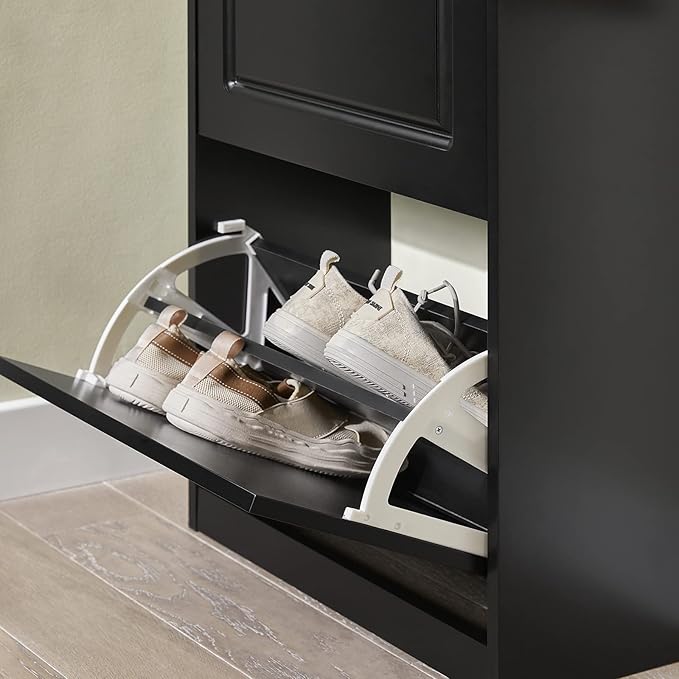 Haotian FSR94-SCH, Black Shoe Cabinet with 3 Flip Drawers, Freestanding Shoe Rack, Shoe Storage Rack(9.4" D x 20.9" W x 46.1" H)