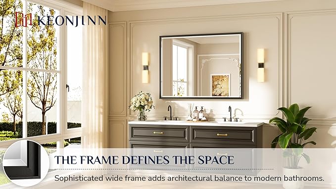 Keonjinn 48" x 36" Large Black Bathroom Mirror, Aluminum Alloy Frame Rustproof, Beveled Edge Tempered Glass, Decorative Framed Black Bathroom Vanity Mirror for Wall, Oversized Mirrors for Over Sink