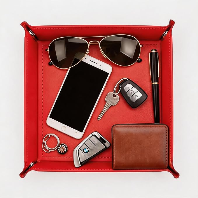 Valet Tray Desktop Storage Organizer – Vegan Leather Catchall Tray Bedside Vanity Tray Nightstand Caddy Holder for Remote Controller, Watch, Keys, Phone, Wallet, Coin, Jewelry, Red
