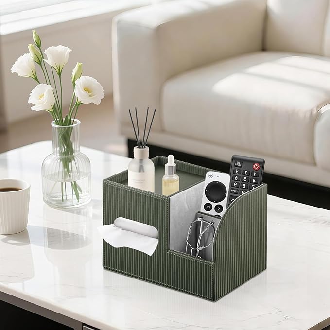 Modern PU Leather Cube Tissue Box Cover with Storage Tray, Multifunctional Remote Control Holder & Facial Tissue Dispenser Organizer for Nightstand, Bathroom, Bedroom, Office & Home Decor