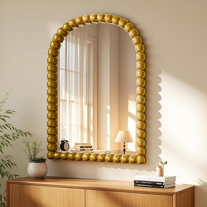 22"×30" Gold Arched Bathroom Vanity Mirror, Vintage Beaded Decorative Wall Mounted Makeup Mirror, as Wall Decor Hanging Leaning for Fireplace Mantle, Living Room, Bedroom, Vanity Area