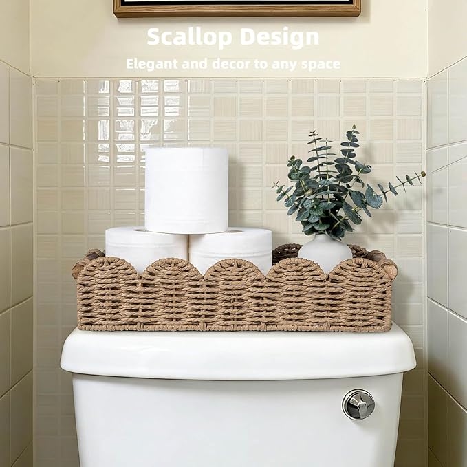 CubesLand Bathroom Basket Organizer w/Cut Out Handle, Back of Toilet Paper Storage Baskets for Bathroom Countertop Decorative, Small Scalloped Wicker Basket Also for Home Decor, Living Room, Neutral