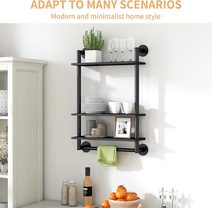 STWWO Bathroom Shelves Wall Mounted, 3 Tier Black Bathroom Shelf with Towel Bar, 26in Stainless Steel Floating Pipe Towel Racks Over Toilet, Bathroom Wall Shelves Laundry Room Kitchen Storage