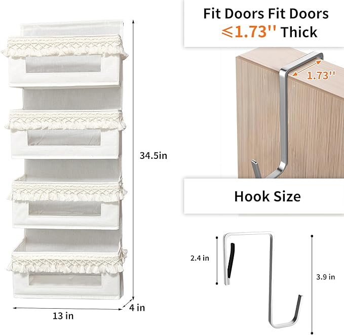 Aokeyee 4 Tier Over The Door Organizer Storage Nursery, Boho Door Organizer Hanging with Tassels and Clear Window, 55lb Behind The Door Storage for Baby Nursery, Bedroom, Bathroom