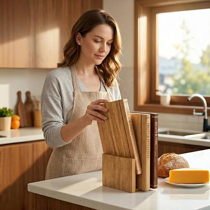 Book Cutting Board Set with Stand - Wooden Library Shaped Chopping Boards That Look Like Books, Labeled Meat, Fish, Cheese & Bread, Fruits & Vegetables, Decorative Kitchen Cutting Boards