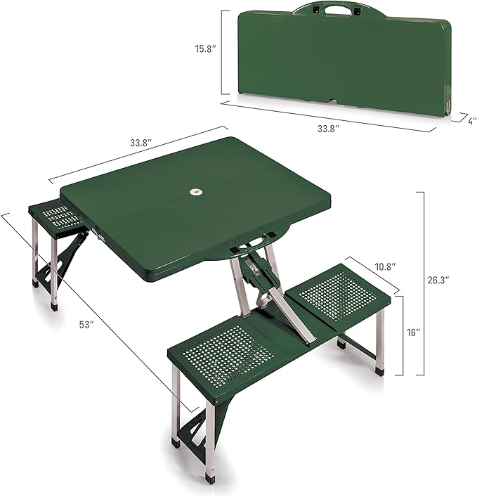 Picnic TIME Portable Folding Picnic Table with Seats for 4, Collapsible Aluminum Table with Benches & Umbrella Hole, Lightweight Foldable Table for Camping, Travel, Backyard, Tailgating | with Umbrella Hole