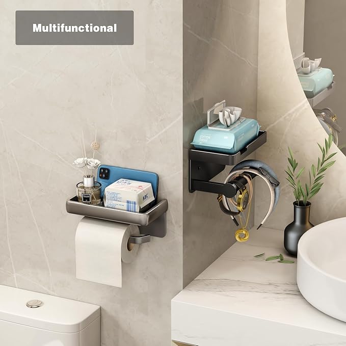 VOLDRA Toilet Paper Holder with Phone Shelf, Self-Adhesive or Screw-in Toilet Tissue Roll Holder Wall Mount, Rustproof & Multifunctional Bathroom Toilet Paper Holder Storage Dispenser(Black)