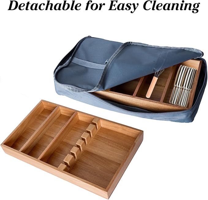 Wooden Silverware Drawer Organizer with Waterproof Oxford Bag, Kitchen Flatware Organizer, Utensil Tray with Fixed Slots for Spoons, Forks, Knives, 16.5 x 9.84 x 1.89 inches