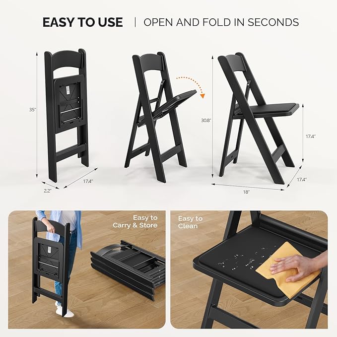 VINGLI Resin Folding Chairs with Cushion, Foldable Plastic Chair with Comfortable Padded Seats, Perfect for Event Party Indoor Outdoor, Black, 4 PC