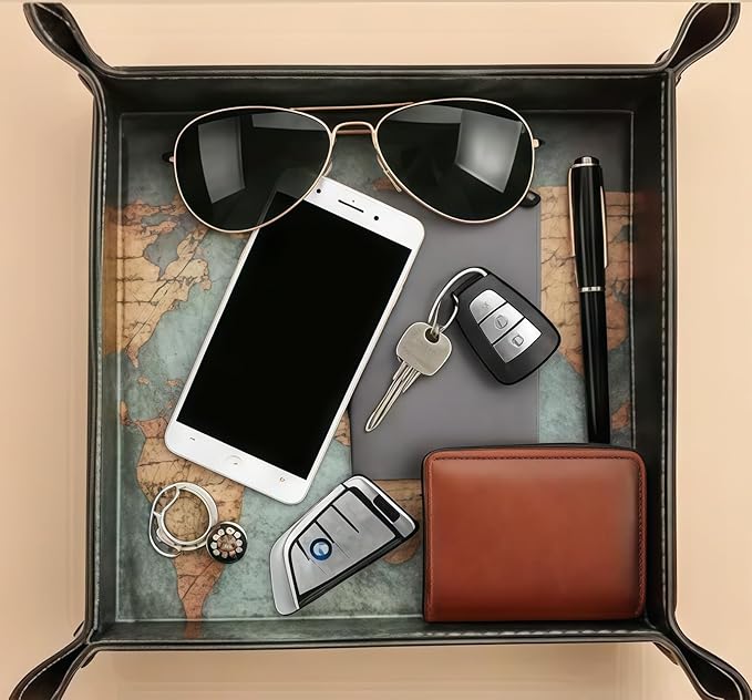 Valet Tray Desktop Storage Organizer, Vegan Leather Catchall Bedside Vanity Tray Nightstand Caddy Holder for Remote Controller, Watch, Keys, Phone, Wallet, Sunglasses, Jewelry - Map