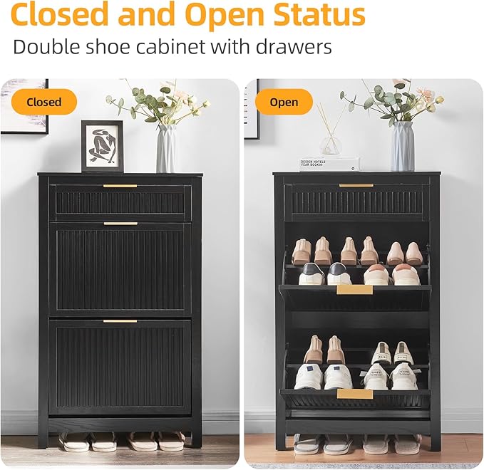 2 Flip Drawers Shoe Cabinet Storage for Entryway, Narrow Hidden Shoes Organizer for Front Door Entrance, Free Standing Shoes Cabinet Wooden Hallway Shoe Rack(Black)