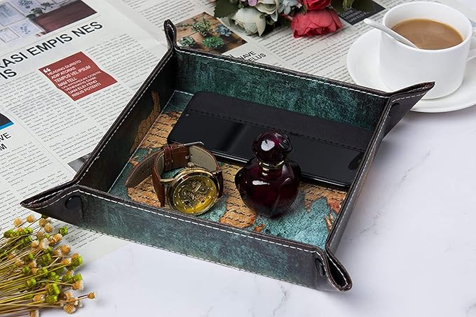 Valet Tray Desktop Storage Organizer, Vegan Leather Catchall Bedside Vanity Tray Nightstand Caddy Holder for Remote Controller, Watch, Keys, Phone, Wallet, Sunglasses, Jewelry - Map