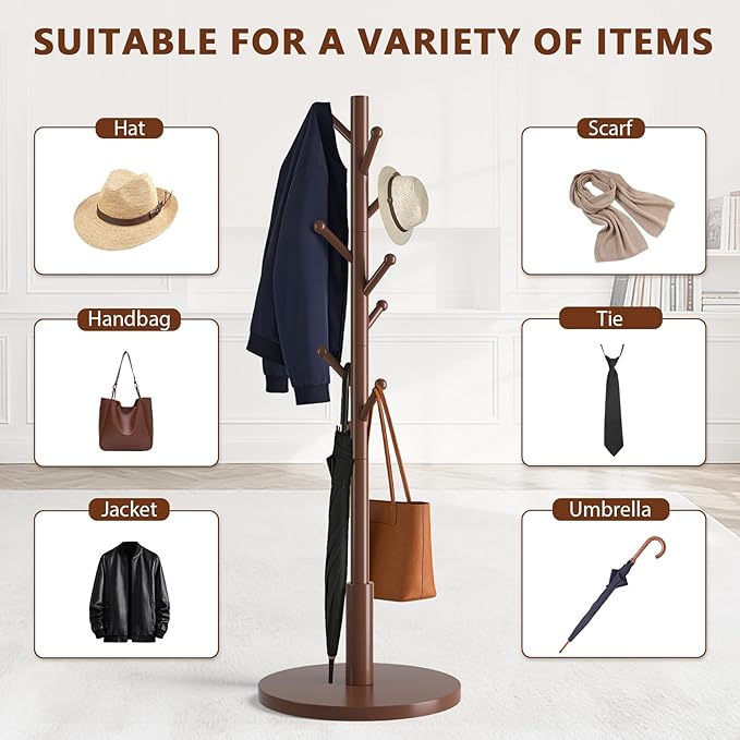 Coat Rack Freestanding Wooden Coat Tree Stand with 8 Round-tip Hooks, 3 Adjustable heights Coat Hat Rack for Entryway,Bedroom,Hallway,Office (Brown)