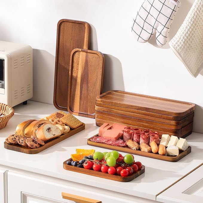 Small Solid Acacia Wood Serving Trays and Platters - Wooden Mini Charcuterie Boards, Rectangle Cheese Board for Food, Bathroom, Home Decor, Kitchen Counter,S,(10" x 5.5", 1 Pack)