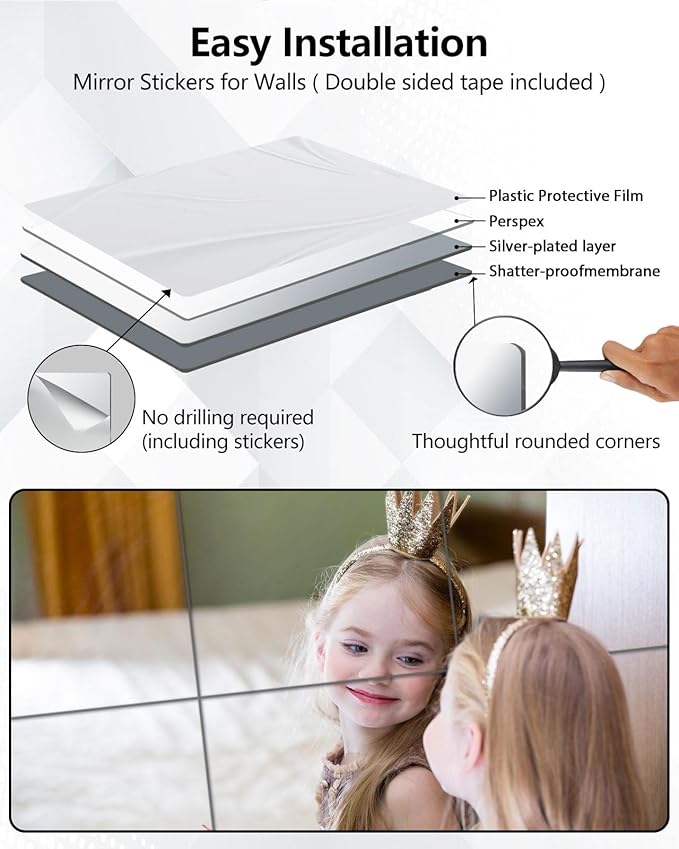 Unbreakable Mirror Tiles, 4PCS 16”x16” Peel and Stick on Mirror for Wall Mirrors Decorative, Toddlers for Kids Bedroom, Plastic Gym Door Small Adhesive Mirrors for Classroom Decor Stickers