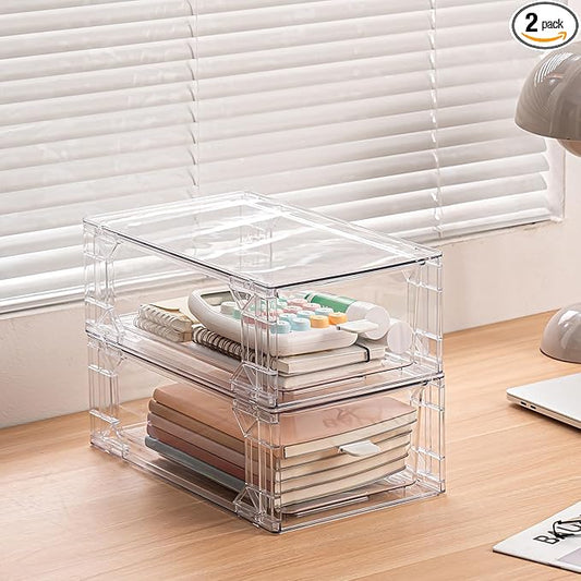 2 Pack Stackable Makeup Organizer,Modular Storage Bins with Handles for Fridge,Bathroom,Kitchen Under sink,Cabinet,Pantry Organization Drawer