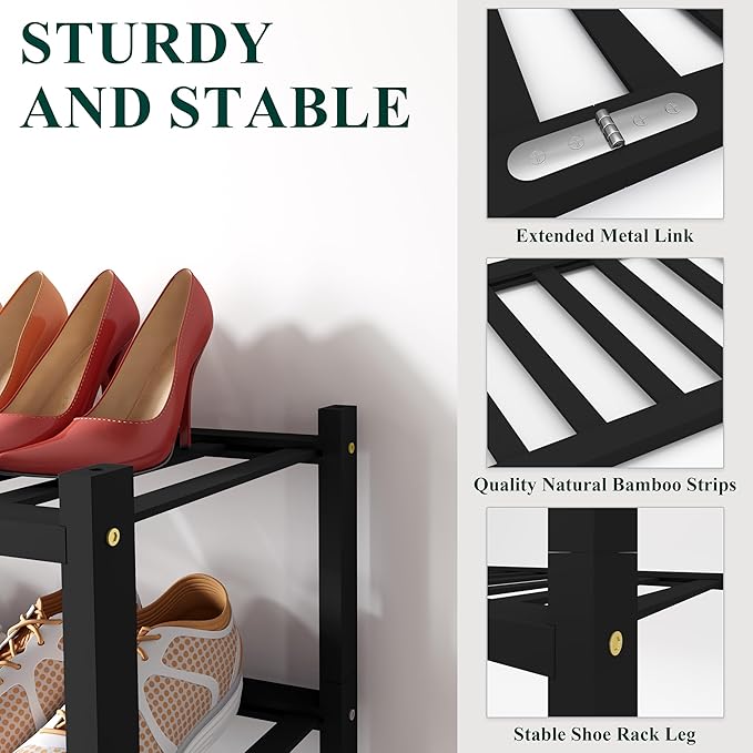 Smiry Long Bamboo Shoe Rack, 6 Tier Free Standing Wooden Shoe Organizer, Stackable Wood Shoe Storage Shelf for Closet, Entryway, 12 Vertical Slats, 2+2+2 Stack Standard Legs, 33.7"x11"x39", Black