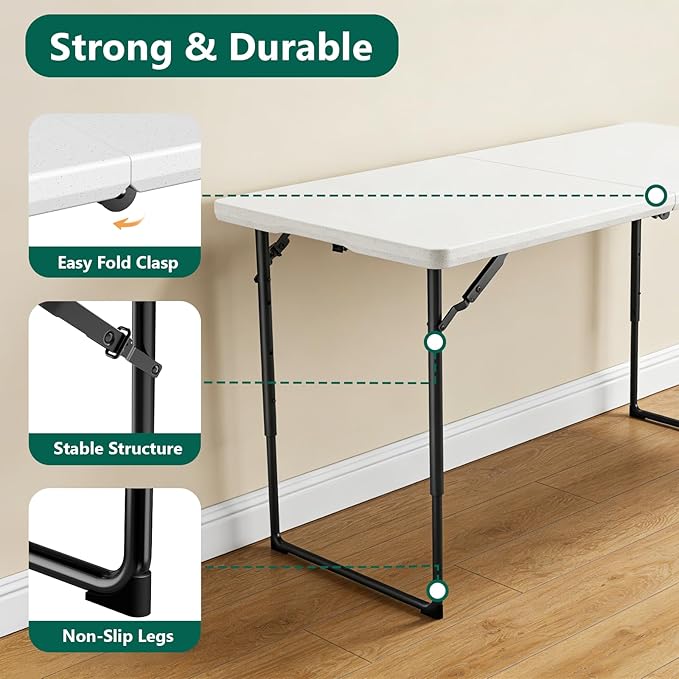 4ft Folding Table with Adjustable Height, Heavy Duty Fold-in-Half Plastic Table with Steel Legs, Portable for Indoor, Outdoor, Picnic, Camping, Dining, Party, (Plastic White)