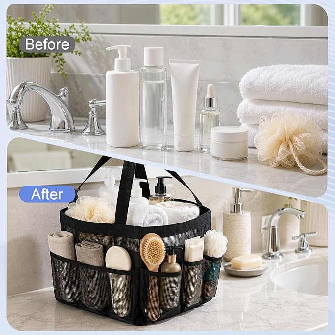 Mesh Shower Caddy Portable for College Dorm Room Essentials, 8-Pocket Quick Dry Hanging Shower Tote Bag with 2 Handles for Beach, Swimming, Gym, Travel Essentials