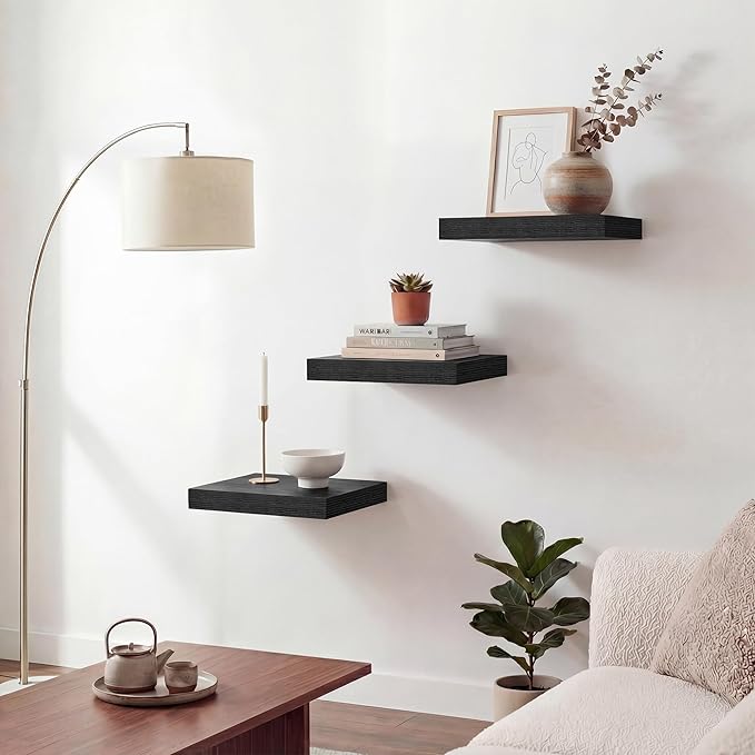Acovy Floating Shelves for Wall 9 Inch,9.3" Deep Square Floating Shelf Set of 3,Wall Shelves Hanging Shelf with Invisible Brackets,Wall Mounted Shelf for Kitchen Living Room Bedroom Bathroom,Black