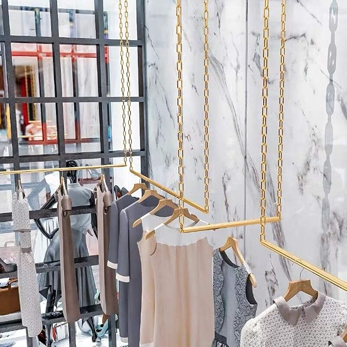 2 Pcs Creative Adjustable Height Clothing Storage Chain Garment Rack, Wedding Dress Hanging Rack, Boutique Clothes Store Display Shelf, Bathroom Organization Towel Rack (Gold, 24" L)