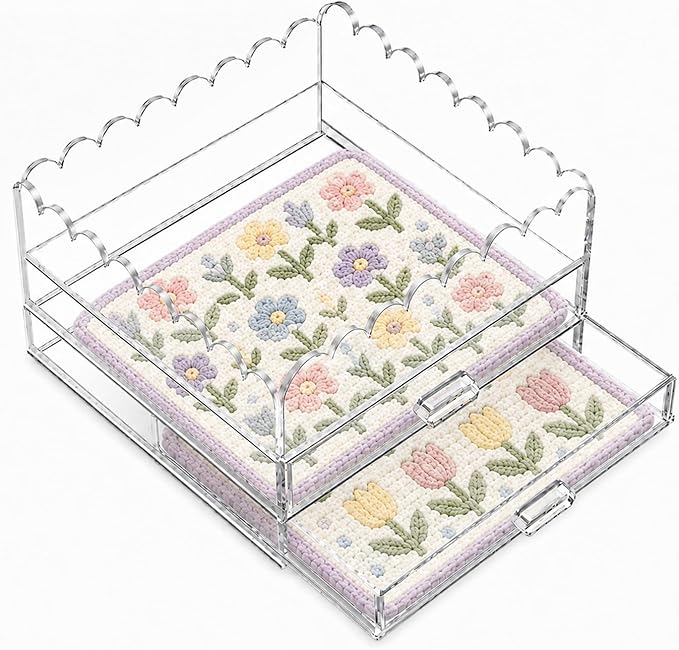 Scalloped Acrylic Tray, 9" x 9" Clear Acrylic Tray with Drawer for Needlepoint,Jewelry,Insert Photos, Art, Fabric, Napkin and Messages Display Basket, Decorative Tray Gift for Home Decor